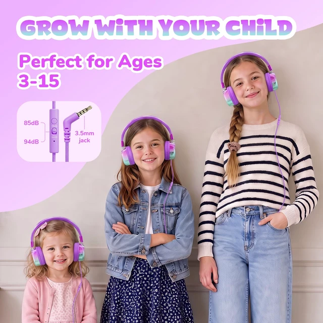 Alt view image 3 of 7 - Kids Headphones with Cord with Mic, 85/94dB Safe Volume Limit HD mic, over-ear foldable, 3.5mm for iPad, tablet, computer, Kids Wired Headphones for school travel, boys girls,Aura Series