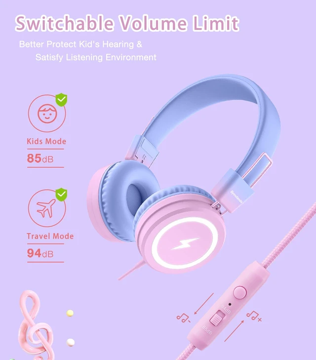 Alt view image 4 of 6 - Kids Headphones with LED Lights, USB Type C Headphones for School 85/94dB Volume Limit, On Ear Headphones with Microphone, Wired Foldable, Stereo Sound, for iPad/Tablet/Travel/Gift, Purple