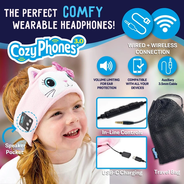Alt view image 3 of 7 - Toddler Headphones Wireless, Kids Bluetooth Earphones, Safe Volume - Wired School Headphones for Kids with 3.5 MM Jack and Travel Bag - Toddler Airplane Accessories for Boys & Girls - Kitty