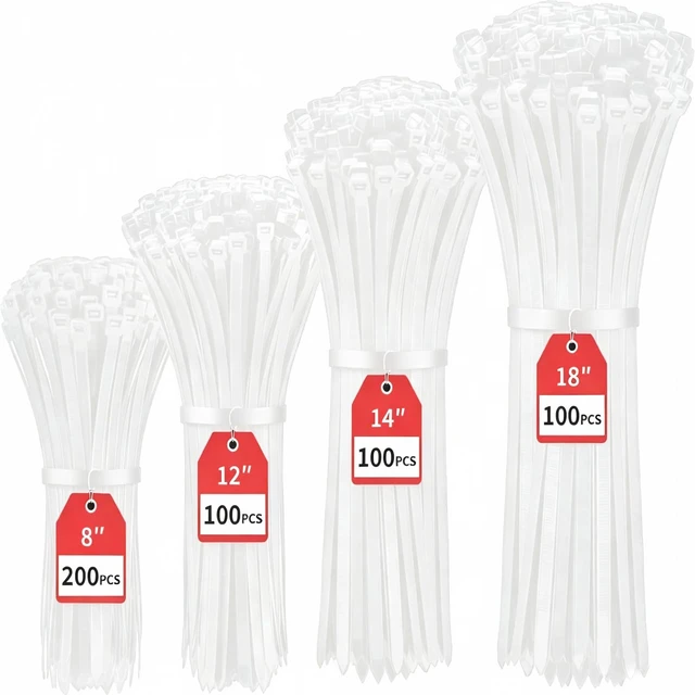 Main image of 500 Pack White Zip Ties Assorted Sizes 8"+12"+14"+18" 220 LBS Zip Ties Heavy Duty, Strong Cable Ties, Clear Zip Ties, Wire Ties, Big Zip Ties for Indoor Outdoor Cable Management