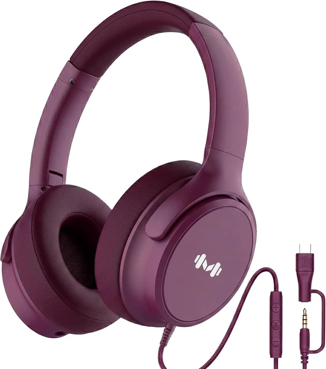 Main image of Wired Over-Ear Headphones, Mic, 3.5mm Plug, USB-C Adapter, Red Foldable, adjustable headphones with soft cushions, inline mic, 3.5mm plug, and USB-C adapter for laptop, phone, and travel