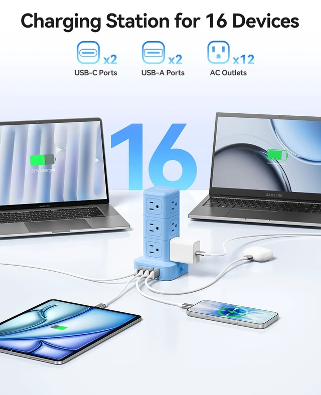 Alt view image 2 of 7 - Power Strip Tower with Multiple Outlets, Tower Extension Cord with 12 AC Outlets 4 USB Ports (2 USB C), Space Saving Design, 5FT Cord Power Tower for Home, Office, Dorm - TPP20