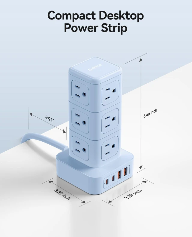 Alt view image 6 of 7 - Power Strip Tower with Multiple Outlets, Tower Extension Cord with 12 AC Outlets 4 USB Ports (2 USB C), Space Saving Design, 5FT Cord Power Tower for Home, Office, Dorm - TPP20