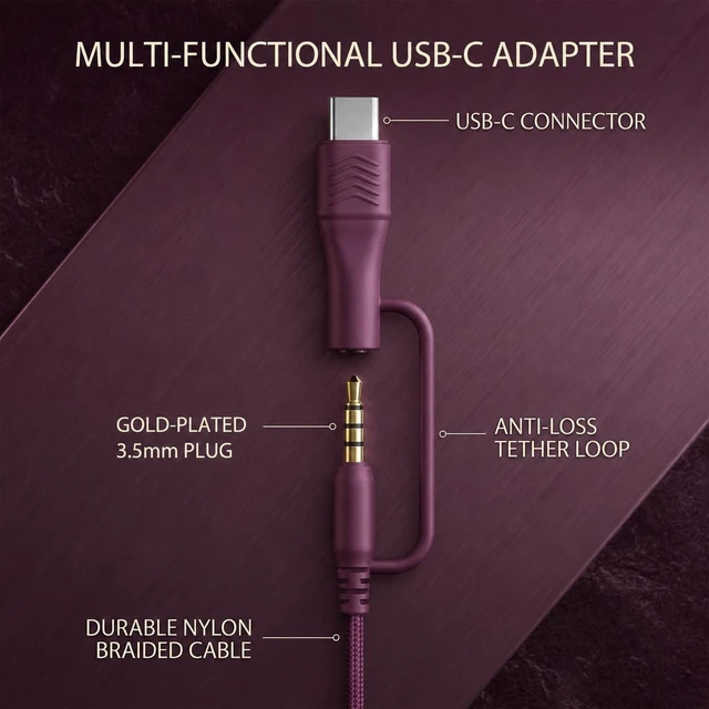 Alt view image 2 of 7 - Wired Over-Ear Headphones, Mic, 3.5mm Plug, USB-C Adapter, Red Foldable, adjustable headphones with soft cushions, inline mic, 3.5mm plug, and USB-C adapter for laptop, phone, and travel