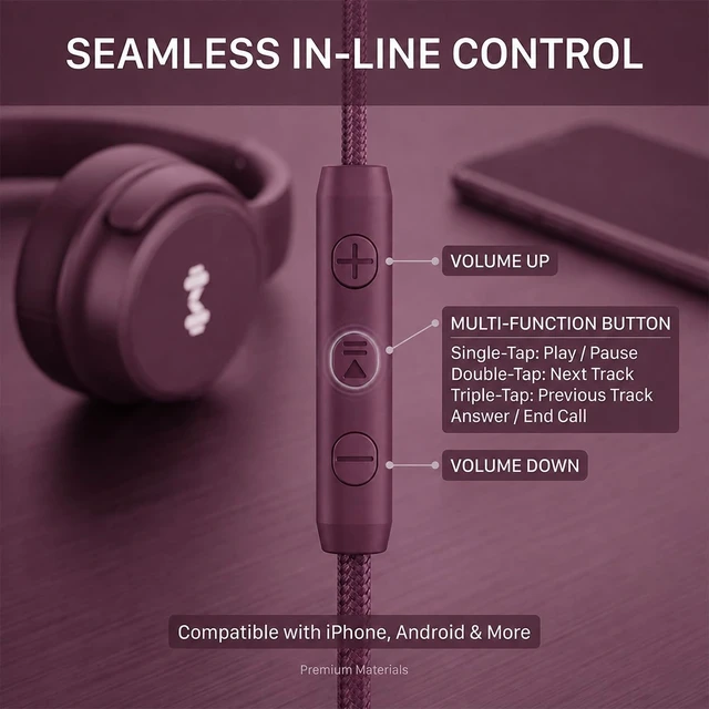 Alt view image 4 of 7 - Wired Over-Ear Headphones, Mic, 3.5mm Plug, USB-C Adapter, Red Foldable, adjustable headphones with soft cushions, inline mic, 3.5mm plug, and USB-C adapter for laptop, phone, and travel