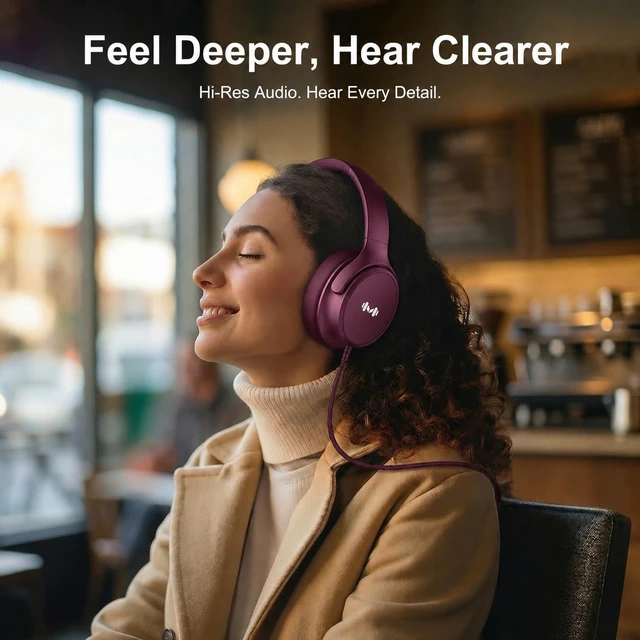 Alt view image 5 of 7 - Wired Over-Ear Headphones, Mic, 3.5mm Plug, USB-C Adapter, Red Foldable, adjustable headphones with soft cushions, inline mic, 3.5mm plug, and USB-C adapter for laptop, phone, and travel