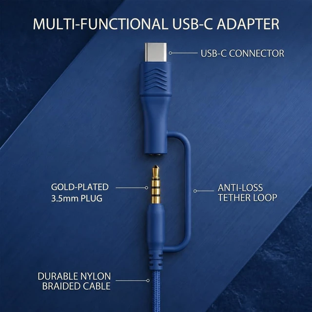 Alt view image 2 of 7 - Wired Over-Ear Headphones, Mic, 3.5mm, USB-C Adapter, Dark Blue Foldable, adjustable headphones with soft cushions, inline mic, 3.5mm plug, and USB-C adapter for laptop, phone, and travel