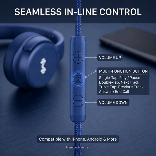 Alt view image 4 of 7 - Wired Over-Ear Headphones, Mic, 3.5mm, USB-C Adapter, Dark Blue Foldable, adjustable headphones with soft cushions, inline mic, 3.5mm plug, and USB-C adapter for laptop, phone, and travel