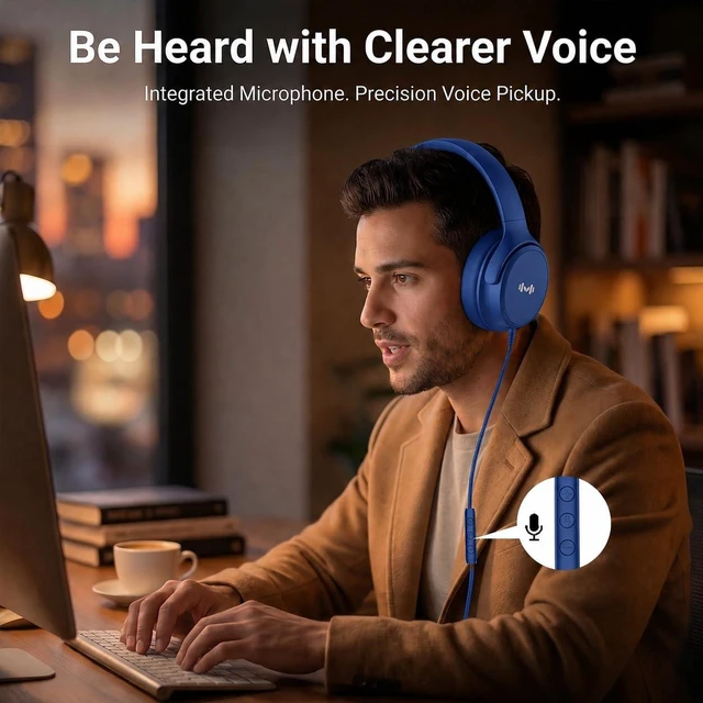 Alt view image 3 of 7 - Wired Over-Ear Headphones, Mic, 3.5mm, USB-C Adapter, Dark Blue Foldable, adjustable headphones with soft cushions, inline mic, 3.5mm plug, and USB-C adapter for laptop, phone, and travel