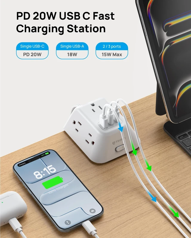 Alt view image 2 of 7 - Desk Clamp Surge Protector, Power Strip for Desk with USB C PD 20W 5 AC Outlets, Fit 1.97in Tabletop Edge Thick, 1440J Surge Protection, Extension Cord 6ft for Home Office Essentials, White
