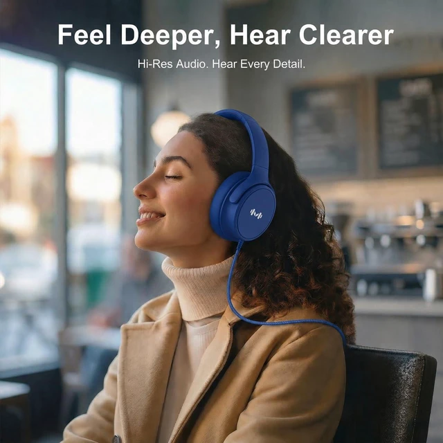 Alt view image 5 of 7 - Wired Over-Ear Headphones, Mic, 3.5mm, USB-C Adapter, Dark Blue Foldable, adjustable headphones with soft cushions, inline mic, 3.5mm plug, and USB-C adapter for laptop, phone, and travel