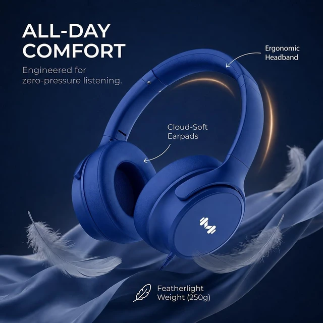 Alt view image 7 of 7 - Wired Over-Ear Headphones, Mic, 3.5mm, USB-C Adapter, Dark Blue Foldable, adjustable headphones with soft cushions, inline mic, 3.5mm plug, and USB-C adapter for laptop, phone, and travel