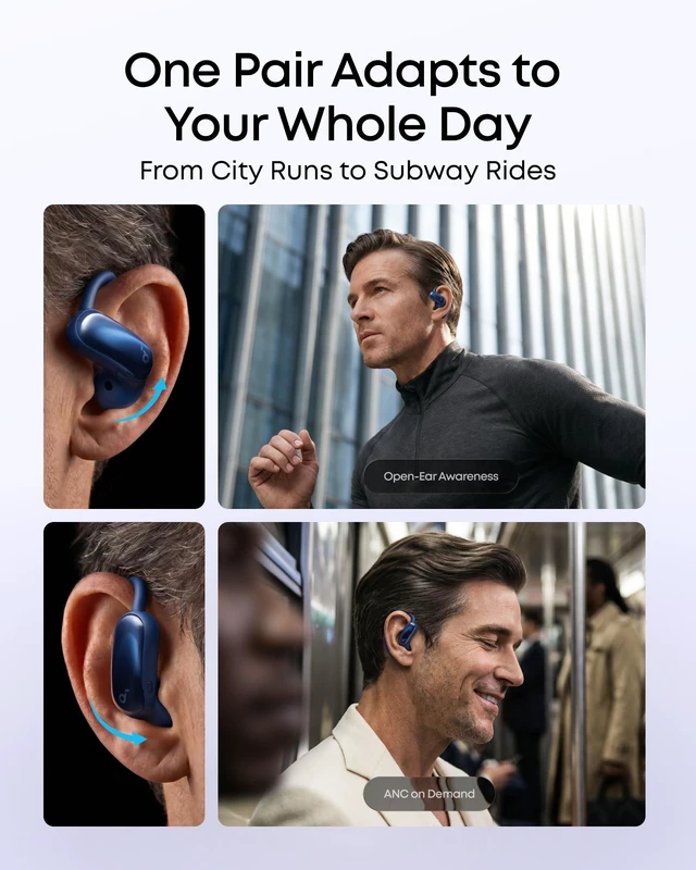 Alt view image 3 of 7 - AeroFit 2 Pro by Anker Open Ear Earbuds Active Noise Cancellation Dual-Mode Earbuds, Semi-in-Ear ANC, Adjustable Hooks, Hi-Res, LDAC, 4-Mic AI Clear Calls, IP55 Water-Proof, Wireless Charging