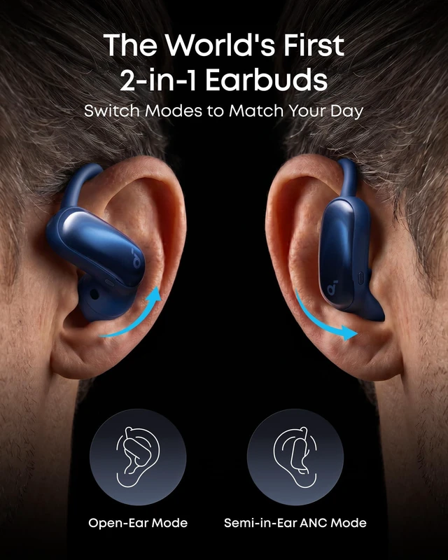 Alt view image 2 of 7 - AeroFit 2 Pro by Anker Open Ear Earbuds Active Noise Cancellation Dual-Mode Earbuds, Semi-in-Ear ANC, Adjustable Hooks, Hi-Res, LDAC, 4-Mic AI Clear Calls, IP55 Water-Proof, Wireless Charging