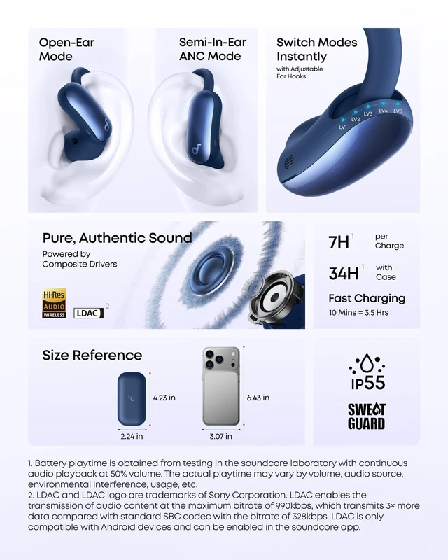 Alt view image 7 of 7 - AeroFit 2 Pro by Anker Open Ear Earbuds Active Noise Cancellation Dual-Mode Earbuds, Semi-in-Ear ANC, Adjustable Hooks, Hi-Res, LDAC, 4-Mic AI Clear Calls, IP55 Water-Proof, Wireless Charging