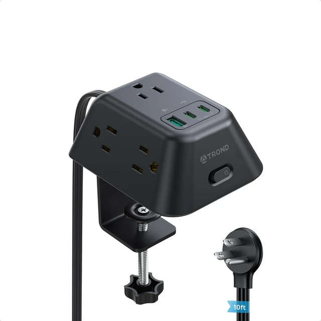 Main image of Desk Clamp Power Strip, Surge Protector with USB C PD 20W Desk Mount Power Strip with 5 AC Outlets, Fit 1.97in Tabletop Edge Thick, 10ft Extension Cord for Home Office Dorm, Black