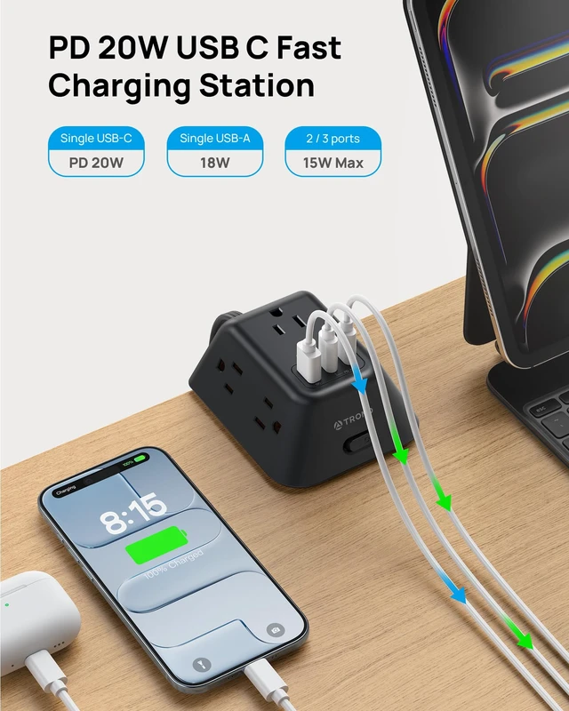 Alt view image 2 of 7 - Desk Clamp Power Strip, Surge Protector with USB C PD 20W Desk Mount Power Strip with 5 AC Outlets, Fit 1.97in Tabletop Edge Thick, 10ft Extension Cord for Home Office Dorm, Black