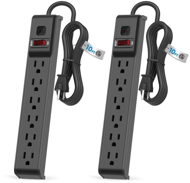Main image of 6 Outlet Power Strip Surge Protector, 10 FT Extension Cord with Overload Protection, Wall Mountable for Home and Office, 600J, 15A/1875W, ETL Listed, 2 Packs