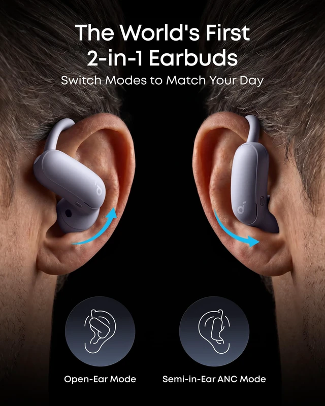 Alt view image 2 of 7 - AeroFit 2 Pro by Anker Open Ear Earbuds Active Noise Cancellation Dual-Mode Earbuds, Semi-in-Ear ANC, Adjustable Hooks, Hi-Res, LDAC, 4-Mic AI Clear Calls, IP55 Water-Proof, Wireless Charging