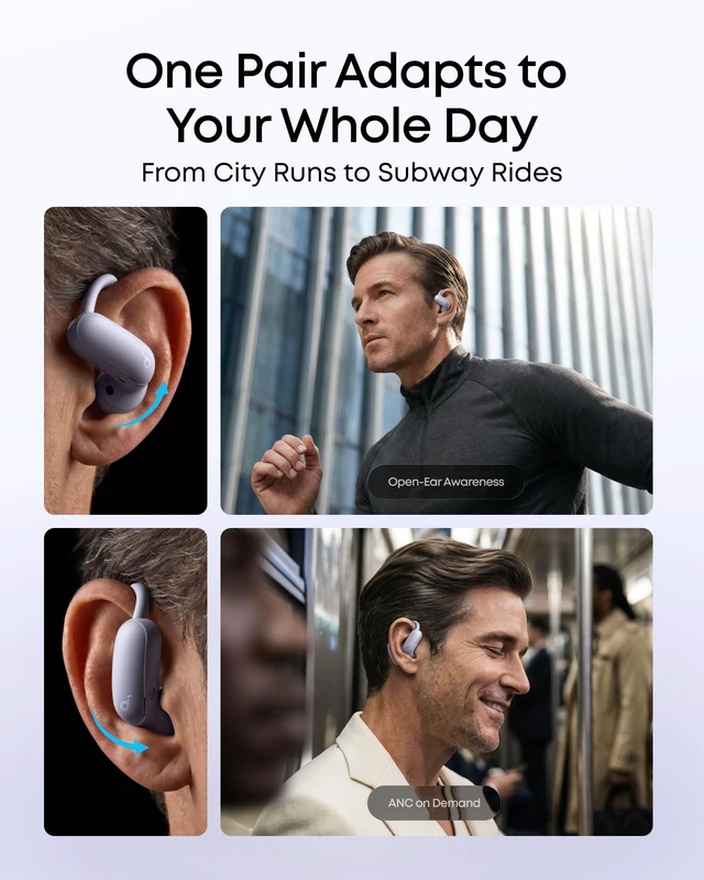 Alt view image 3 of 7 - AeroFit 2 Pro by Anker Open Ear Earbuds Active Noise Cancellation Dual-Mode Earbuds, Semi-in-Ear ANC, Adjustable Hooks, Hi-Res, LDAC, 4-Mic AI Clear Calls, IP55 Water-Proof, Wireless Charging