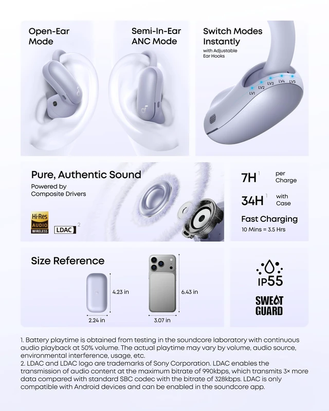 Alt view image 7 of 7 - AeroFit 2 Pro by Anker Open Ear Earbuds Active Noise Cancellation Dual-Mode Earbuds, Semi-in-Ear ANC, Adjustable Hooks, Hi-Res, LDAC, 4-Mic AI Clear Calls, IP55 Water-Proof, Wireless Charging