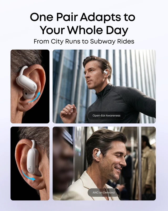 Alt view image 3 of 7 - AeroFit 2 Pro by Anker Open Ear Earbuds Active Noise Cancellation Dual-Mode Earbuds, Semi-in-Ear ANC, Adjustable Hooks, Hi-Res, LDAC, 4-Mic AI Clear Calls, IP55 Water-Proof, Wireless Charging