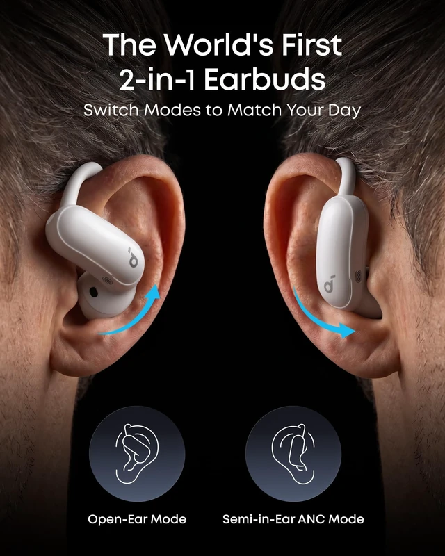 Alt view image 2 of 7 - AeroFit 2 Pro by Anker Open Ear Earbuds Active Noise Cancellation Dual-Mode Earbuds, Semi-in-Ear ANC, Adjustable Hooks, Hi-Res, LDAC, 4-Mic AI Clear Calls, IP55 Water-Proof, Wireless Charging