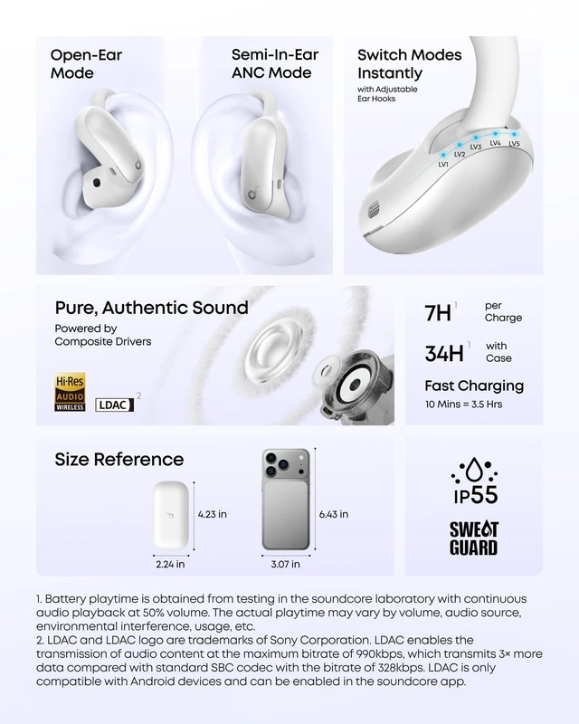 Alt view image 7 of 7 - AeroFit 2 Pro by Anker Open Ear Earbuds Active Noise Cancellation Dual-Mode Earbuds, Semi-in-Ear ANC, Adjustable Hooks, Hi-Res, LDAC, 4-Mic AI Clear Calls, IP55 Water-Proof, Wireless Charging