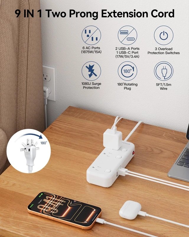 Alt view image 2 of 7 - 2 Prong Extension Cord with 6 Outlets 3 USB, 5FT Surge Protector, Old House 1875W, 2 Prong to 3 Prong Outlet Adapter, Rotating Plug, USB-C(15.5W), Polarized, Non Grounded, Multi Plug