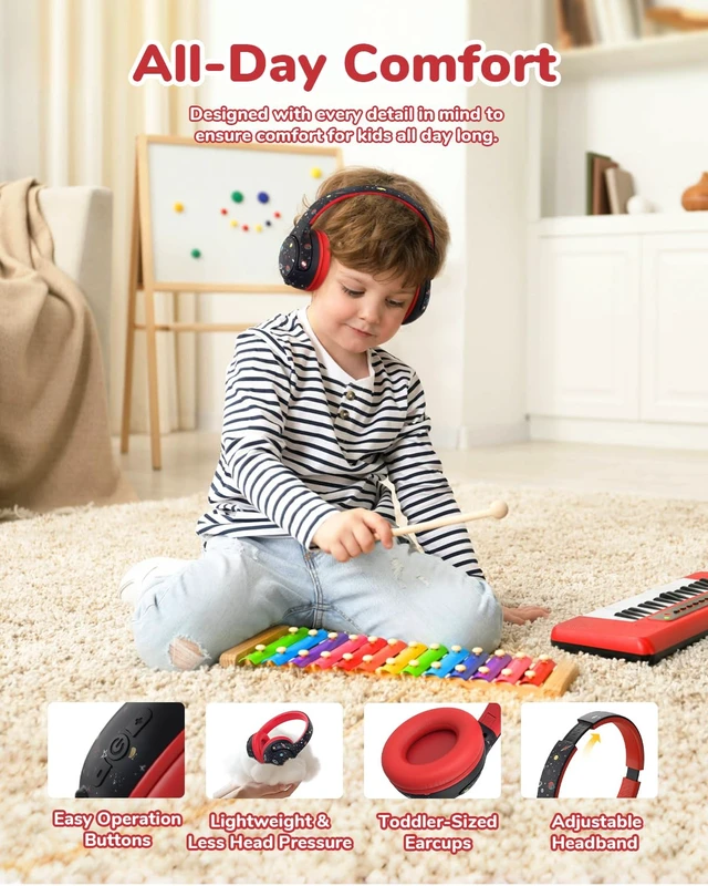 Alt view image 7 of 7 - BTH27 Toddler Headphones for 2+ Year Old Baby Kids Travel Study SafeSound Tech3.0, 74H Playtime, Bluetooth 5.4, BPA Free, Aux, Soft Baby Headphones, Easy Operation, Adjustable, Black