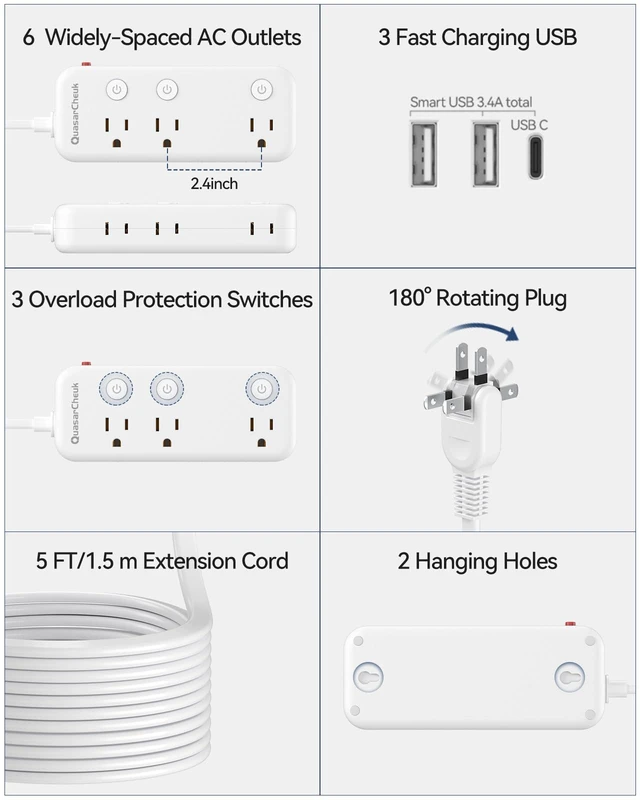 Alt view image 3 of 7 - 2 Prong Extension Cord with 6 Outlets 3 USB, 5FT Surge Protector, Old House 1875W, 2 Prong to 3 Prong Outlet Adapter, Rotating Plug, USB-C(15.5W), Polarized, Non Grounded, Multi Plug