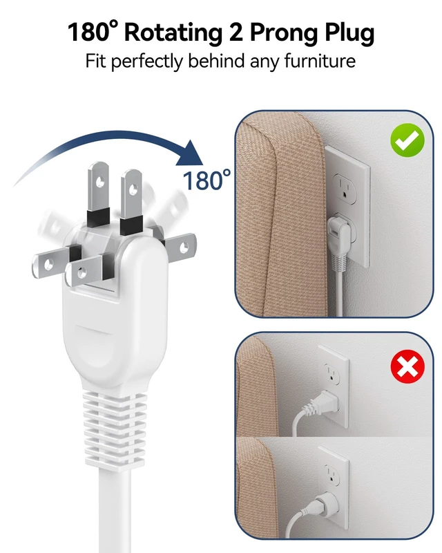 Alt view image 4 of 7 - 2 Prong Extension Cord with 6 Outlets 3 USB, 5FT Surge Protector, Old House 1875W, 2 Prong to 3 Prong Outlet Adapter, Rotating Plug, USB-C(15.5W), Polarized, Non Grounded, Multi Plug