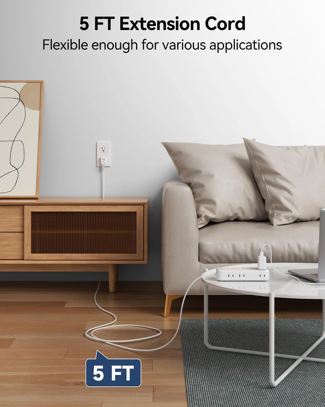 Alt view image 7 of 7 - 2 Prong Extension Cord with 6 Outlets 3 USB, 5FT Surge Protector, Old House 1875W, 2 Prong to 3 Prong Outlet Adapter, Rotating Plug, USB-C(15.5W), Polarized, Non Grounded, Multi Plug
