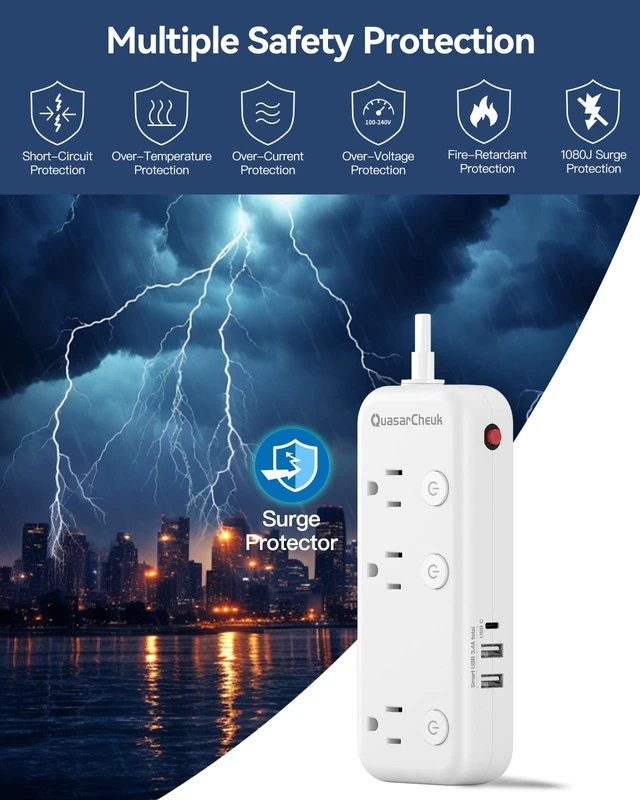 Alt view image 5 of 7 - 2 Prong Extension Cord with 6 Outlets 3 USB, 5FT Surge Protector, Old House 1875W, 2 Prong to 3 Prong Outlet Adapter, Rotating Plug, USB-C(15.5W), Polarized, Non Grounded, Multi Plug