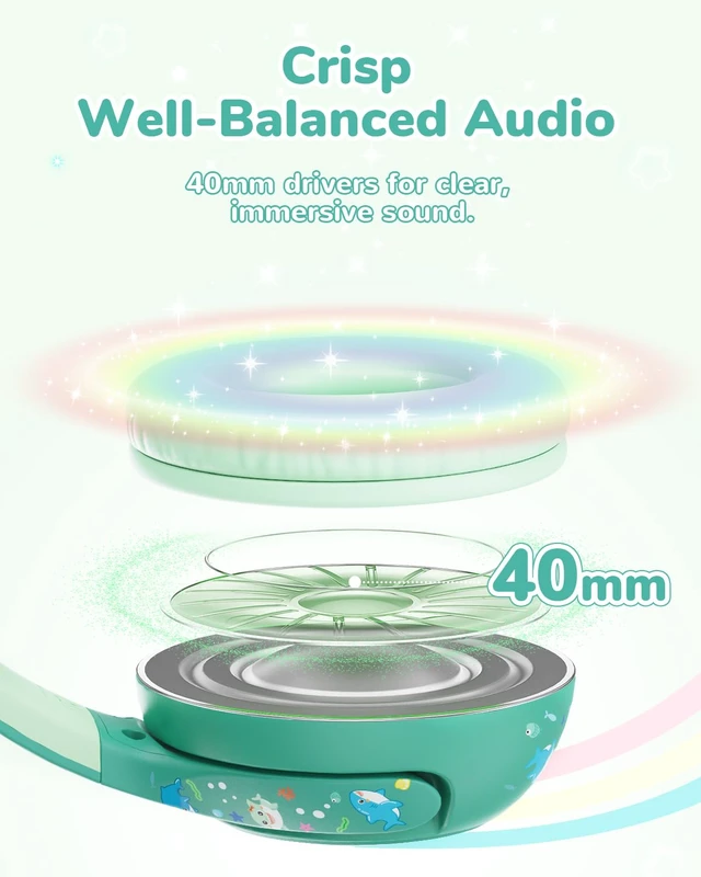 Alt view image 5 of 5 - BTH27 Toddler Headphones for 2+ Year Old Baby Kids Travel Study SafeSound Tech3.0, 74H Playtime, Bluetooth 5.4, BPA Free, Aux, Soft Baby Headphones, Easy Operation, Adjustable, Green