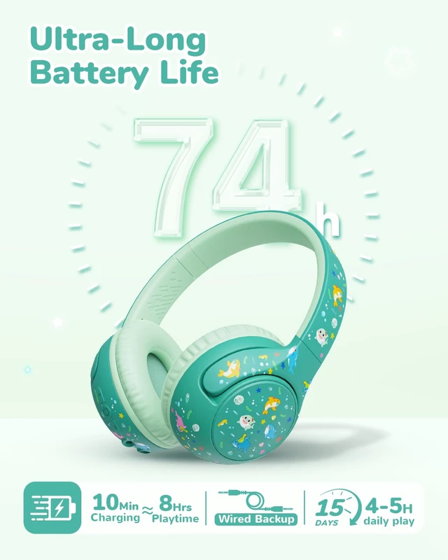Alt view image 4 of 5 - BTH27 Toddler Headphones for 2+ Year Old Baby Kids Travel Study SafeSound Tech3.0, 74H Playtime, Bluetooth 5.4, BPA Free, Aux, Soft Baby Headphones, Easy Operation, Adjustable, Green