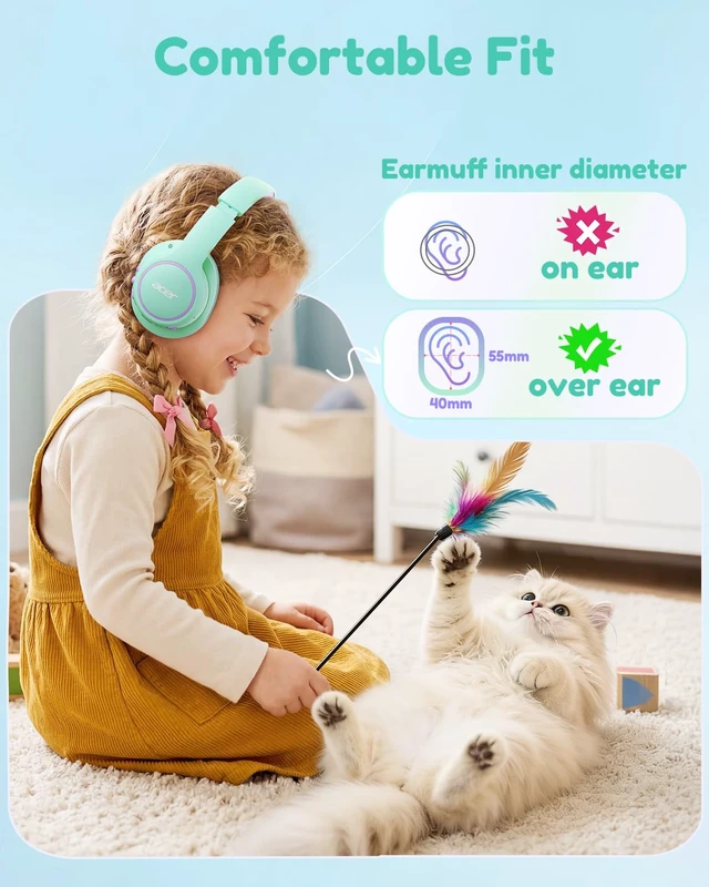 Alt view image 2 of 7 - OHR702 Kids Bluetooth Headphones for School with Built-in Mic,Over-Ear 75H Playtime,Bluetooth 6.0,85dBA Safe Volume,3.5mm Jack Aux Cord, USB-C Fast Charging, for iPad/Travel/Tablet- Green Purple