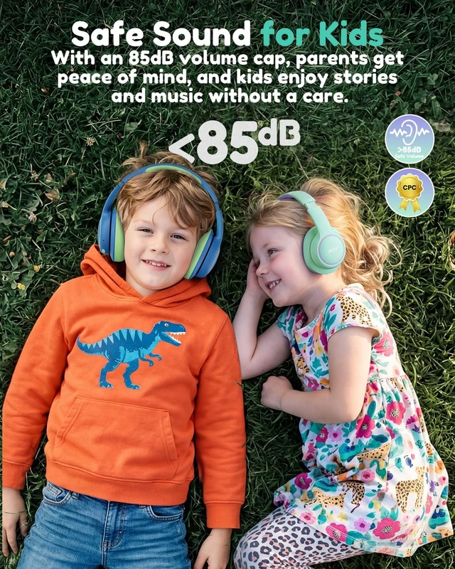 Alt view image 3 of 7 - OHR702 Kids Bluetooth Headphones for School with Built-in Mic,Over-Ear 75H Playtime,Bluetooth 6.0,85dBA Safe Volume,3.5mm Jack Aux Cord, USB-C Fast Charging, for iPad/Travel/Tablet- Green Purple