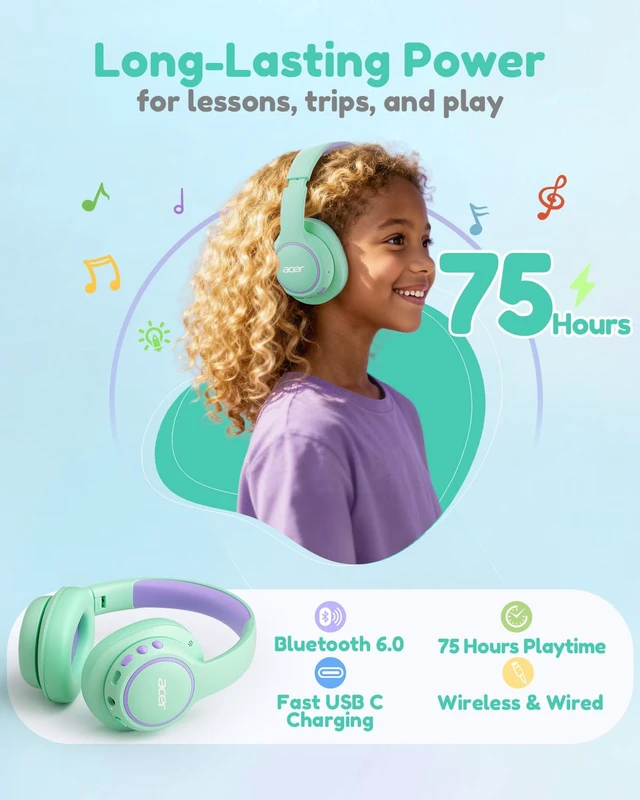 Alt view image 5 of 7 - OHR702 Kids Bluetooth Headphones for School with Built-in Mic,Over-Ear 75H Playtime,Bluetooth 6.0,85dBA Safe Volume,3.5mm Jack Aux Cord, USB-C Fast Charging, for iPad/Travel/Tablet- Green Purple