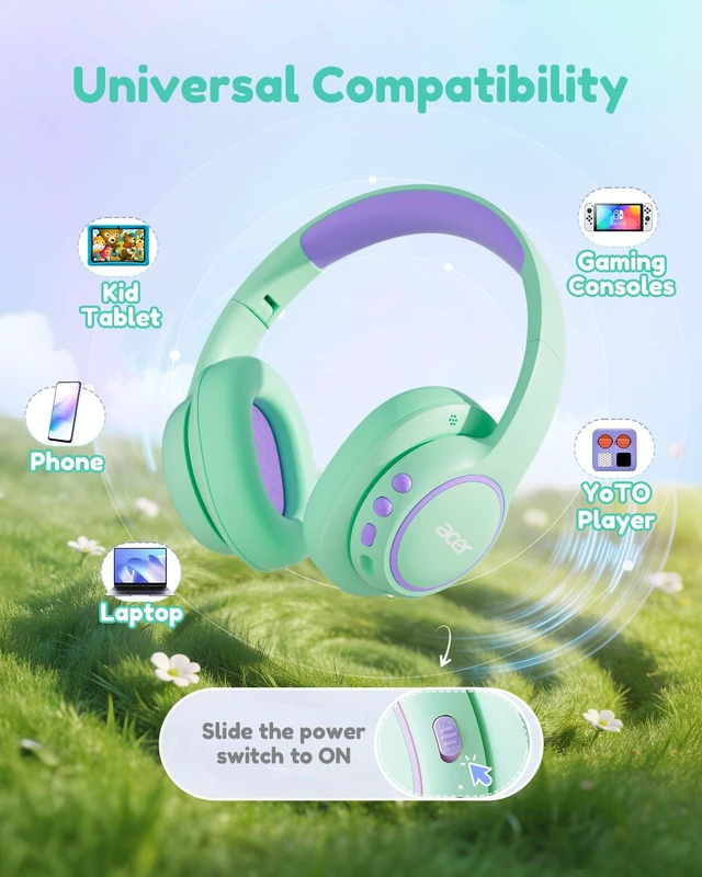 Alt view image 6 of 7 - OHR702 Kids Bluetooth Headphones for School with Built-in Mic,Over-Ear 75H Playtime,Bluetooth 6.0,85dBA Safe Volume,3.5mm Jack Aux Cord, USB-C Fast Charging, for iPad/Travel/Tablet- Green Purple
