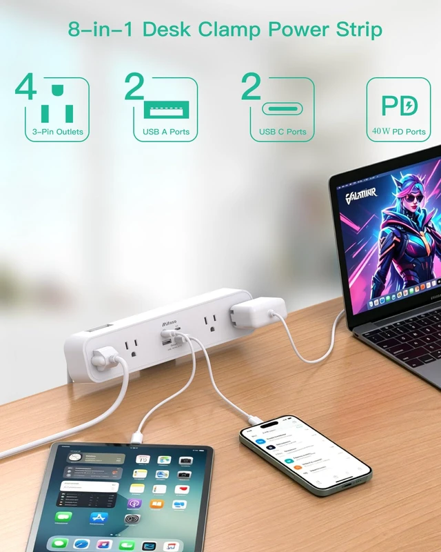 Alt view image 3 of 7 - PD40W USB C Desk Clamp Power Strip, 1080J Surge Protector 4 Outlets, 4 USB (2 USBC), 5FT Extension Cord, Desk Organizer Gaming Accessories Home Office Essentials, Fits 1.96" Edge
