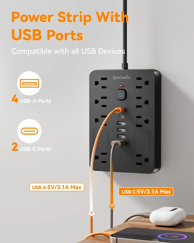 Alt view image 3 of 7 - 6FT Surge Protector Power Strip Extension Cord with 8 Outlets& 6 USB Ports 2 Pack 6FT Flat Plug Extension Cord with 8 AC&6 USB (2 USB C),Wall Mount Multi Plug Outlet Extender,1850J,ETL Listed