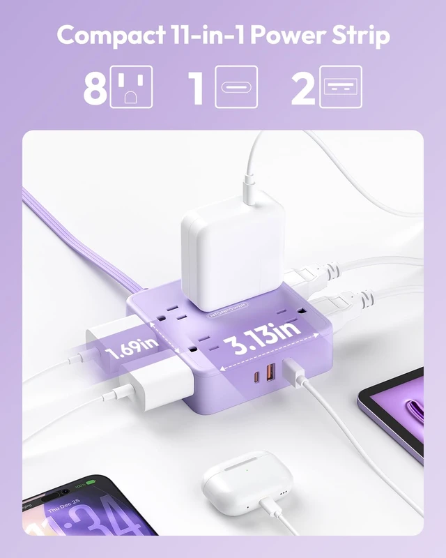 Alt view image 2 of 6 - 5 FT Purple Extension Cord, Short Power Strip with 8 Outlets 3 USB Ports, 3 Prong, Wall Mount Flat Plug Outlet Extender for Home Office, WideCube