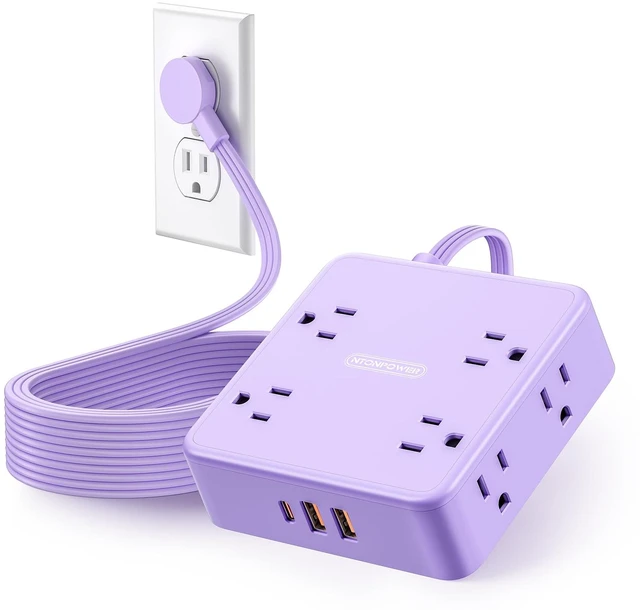 Main image of 5 FT Purple Extension Cord, Short Power Strip with 8 Outlets 3 USB Ports, 3 Prong, Wall Mount Flat Plug Outlet Extender for Home Office, WideCube