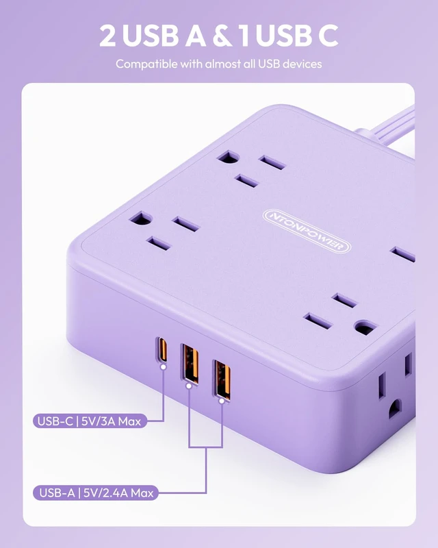 Alt view image 3 of 6 - 5 FT Purple Extension Cord, Short Power Strip with 8 Outlets 3 USB Ports, 3 Prong, Wall Mount Flat Plug Outlet Extender for Home Office, WideCube