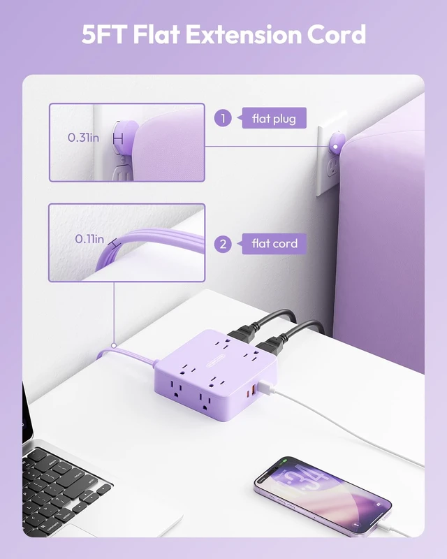 Alt view image 4 of 6 - 5 FT Purple Extension Cord, Short Power Strip with 8 Outlets 3 USB Ports, 3 Prong, Wall Mount Flat Plug Outlet Extender for Home Office, WideCube