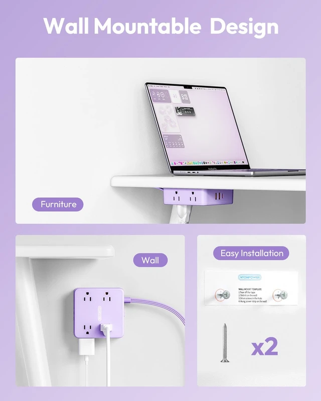 Alt view image 5 of 6 - 5 FT Purple Extension Cord, Short Power Strip with 8 Outlets 3 USB Ports, 3 Prong, Wall Mount Flat Plug Outlet Extender for Home Office, WideCube