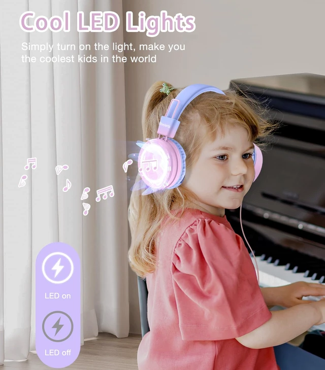 Alt view image 3 of 6 - Kids Headphones with LED Lights, USB Type C Headphones for School 85/94dB Volume Limit, On Ear Headphones with Microphone, Wired Foldable, Stereo Sound, for iPad/Tablet/Travel/Gift, Purple