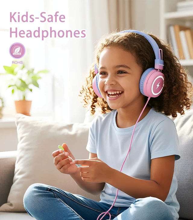 Alt view image 5 of 6 - Kids Headphones with LED Lights, USB Type C Headphones for School 85/94dB Volume Limit, On Ear Headphones with Microphone, Wired Foldable, Stereo Sound, for iPad/Tablet/Travel/Gift, Purple