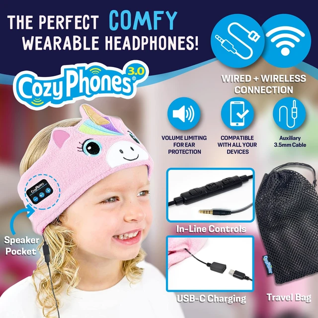 Alt view image 2 of 7 - Toddler Headphones Wireless, Kids Bluetooth Earphones, Safe Volume - Wired School Headphones for Kids with 3.5 MM Jack and Travel Bag - Toddler Airplane Accessories for Boys & Girls - Pink Unicorn